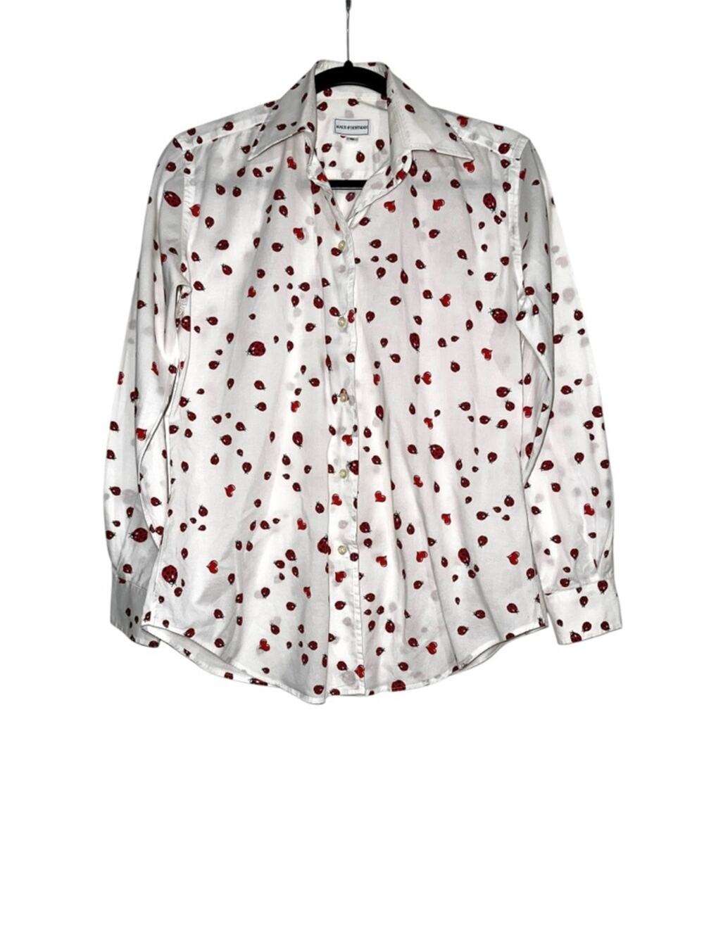 Maus & Hoffman Lady Bug and Heart Print White Long Sleeve Button-Up Shirt SMALL